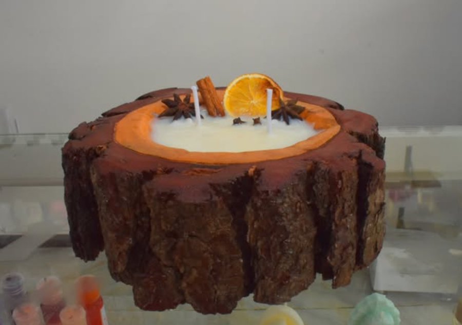 Vela vertida en un tronco de madera con naranja deshidratada y anís estrellado